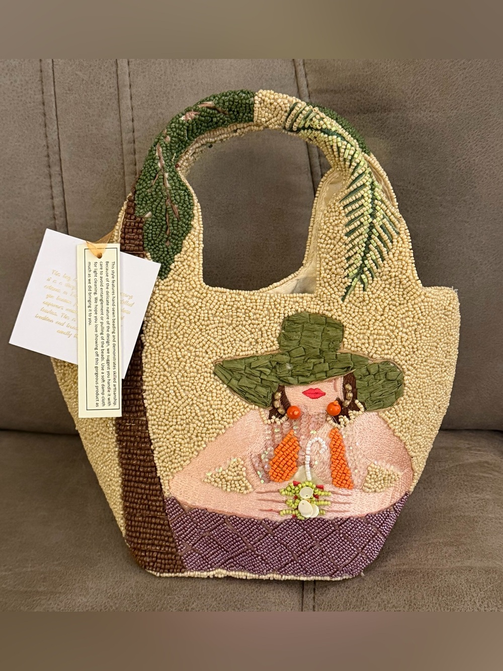 Beaded Tote Bag with Green Hat Motif - Cream & Green - Picture 2 of 2